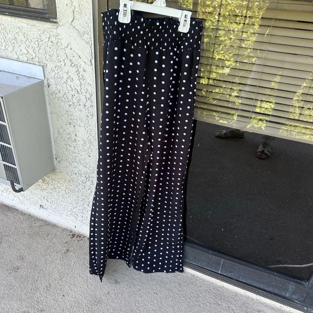 Black White Polka Dot Wide Leg Pants – High Waist Smocked Waistband - Picture 5 of 10